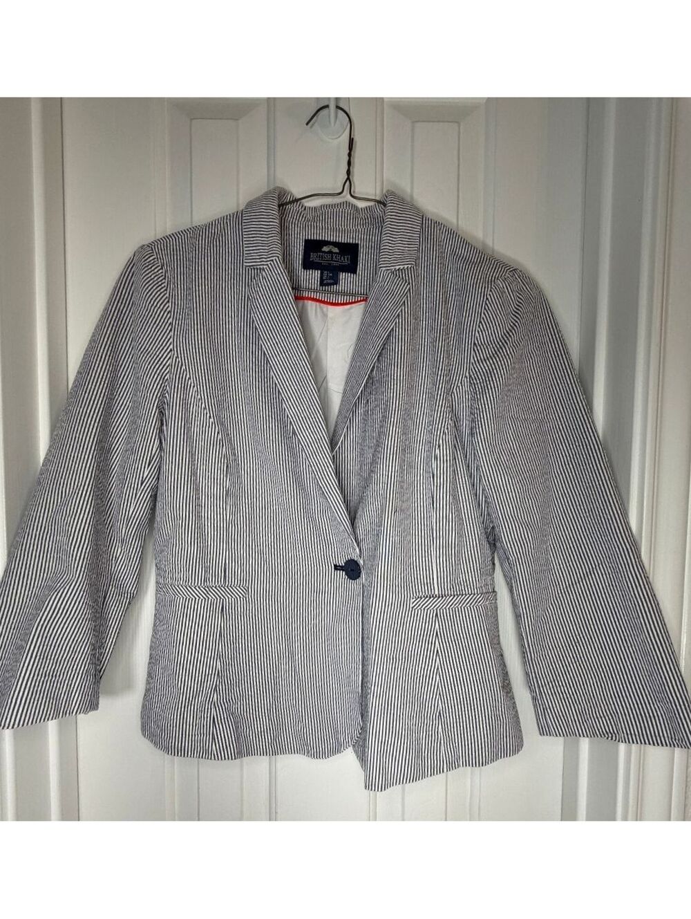 British Khaki Seersucker Blazer Womens Striped Pinstripe Cotton Jacket Lined L